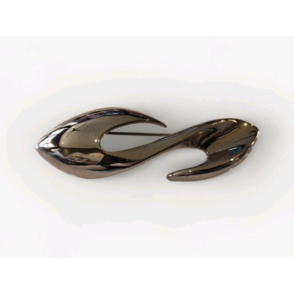 MJENT Modernist Silver Tone Abstract Leaf Brooch Signed Scandinavian Style #1235